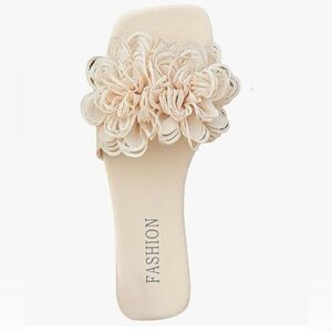 Womens Boho Flower Slide Sandals Flat Summer Beach 3D Floral Strap, Square Toe